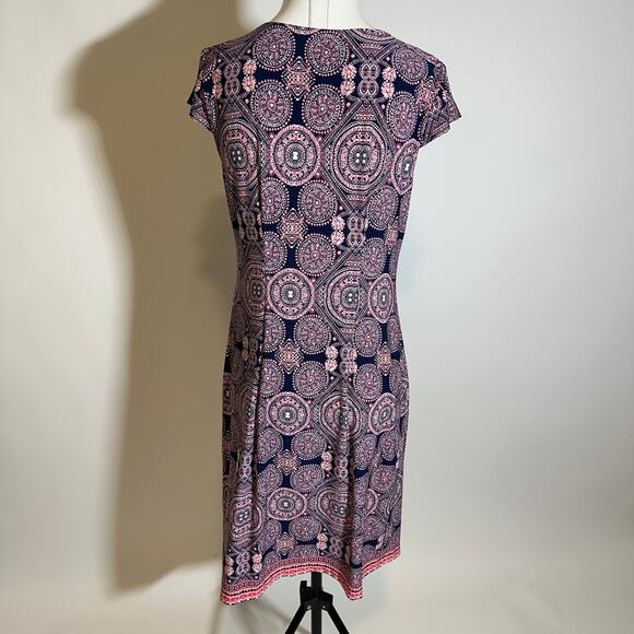 Liz Claiborne Navy Pink Coral Medallion Cap Sleeve Dress Stretch Womens Size 8 - Picture 5 of 8